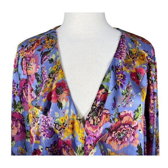 Zara V-Neck Ruffled Front Long Sleeve Multicolored Floral Flowy Blouse Med - Picture 3 of 7